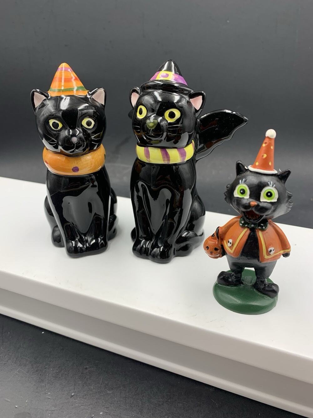 Halloween Ceramic Cat Salt and Pepper Shakers and Small Resin Kitty Figure